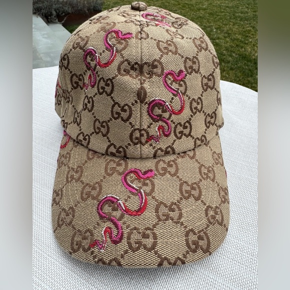 GUCCI GG Supreme Snake Embroidered Baseball Cap/ Hat M 57cm Pink Tan Brown - Picture 2 of 11